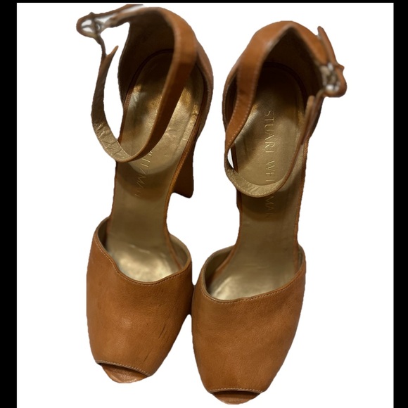 Stuart Weitzman Ankle Strap Platform Shoes Sz 7.5 Brown Leather Block Heels - Picture 1 of 8
